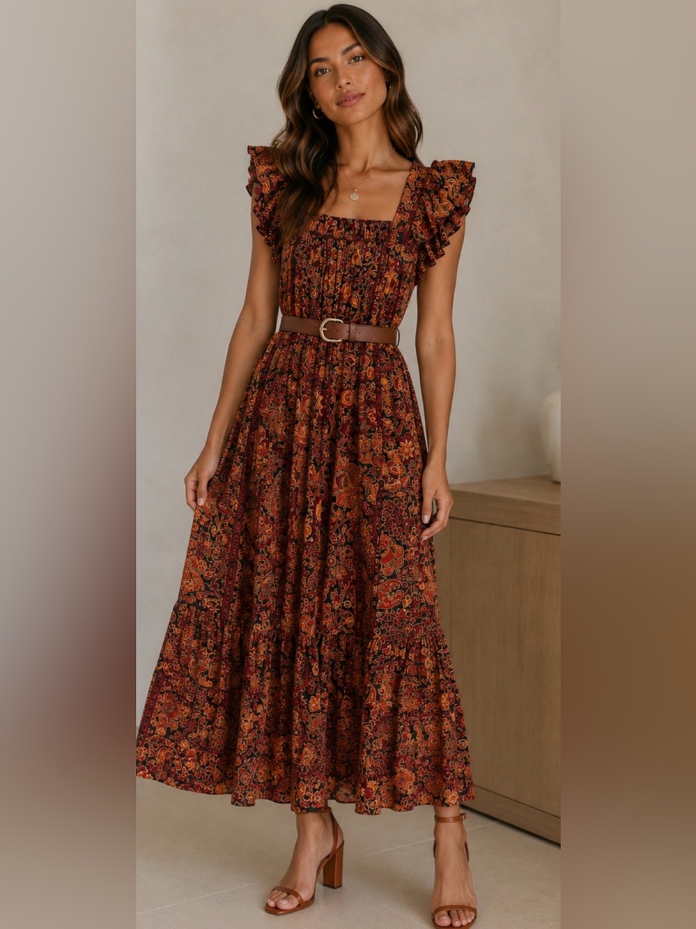 Paisley Print Ruffled Midi Dress in Red and Cream (belt not included)
